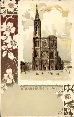 Passepartout Litho Straßburg Elsass Bas Rhin, Münster, Blüten