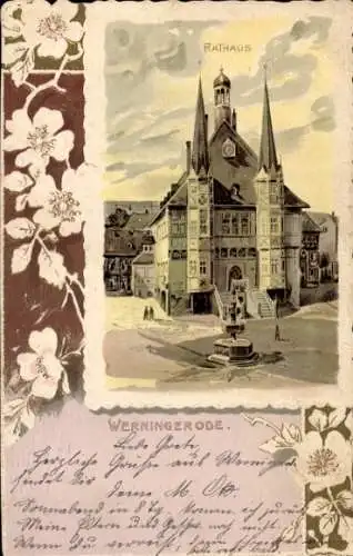 Präge Passepartout Litho Wernigerode am Harz, Rathaus, Marktplatz, Brunnen