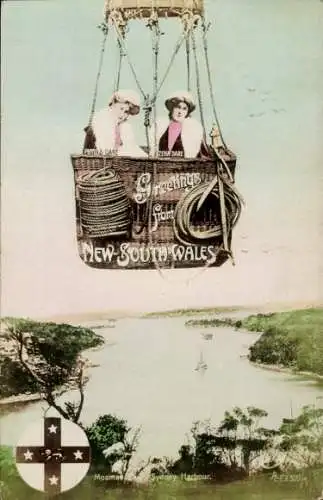 Ak Mosman Bay, Sydney Harbour, New South Wales Australien, Gesamtansicht, Ballonflug, Wappen