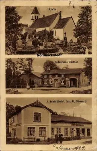 Ak Nordhackstedt in Schleswig-Holstein, Kirche, Feddersens-Gasthof