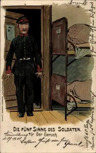 Litho Die fünf Sinne des Soldaten, Der Geruch, Schlafstube, Füße