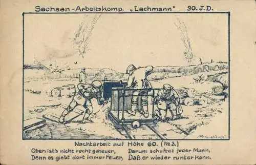 Künstler Ak Sachsen Arbeitskomp. Lachmann 30. Inf. Div., Nachtarbeit auf Höhe 60, No. 3