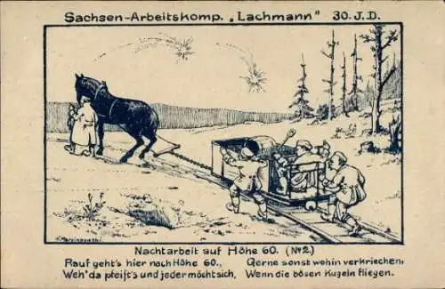 Künstler Ak Sachsen Arbeitskomp. Lachmann 30. Inf. Div., Nachtarbeit auf Höhe 60, No. 2