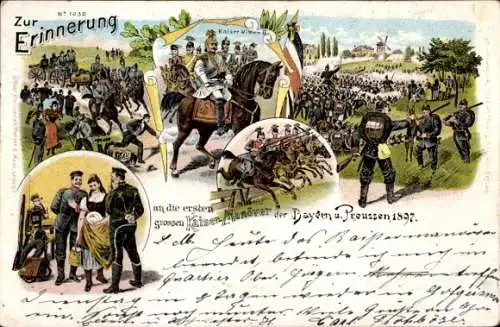 Litho Kaiser Wilhelm II. zu Pferd, Erinnerung an die großen Kaisermanöver, Bayern, Preußen, 1897