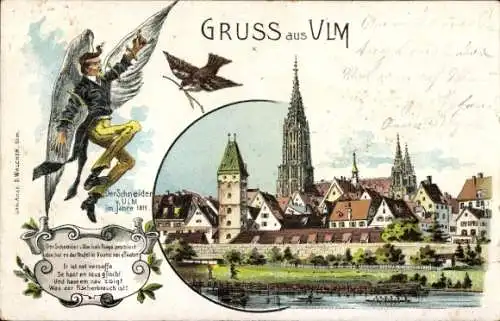 Litho Ulm an der Donau, Der Schneider v. Ulm, Stadtpanorama