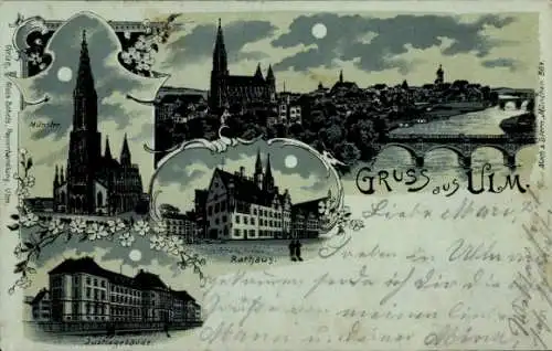 Mondschein Litho Ulm an der Donau, Rathaus, Münster, Panorama vom Ort, Justizgebäude