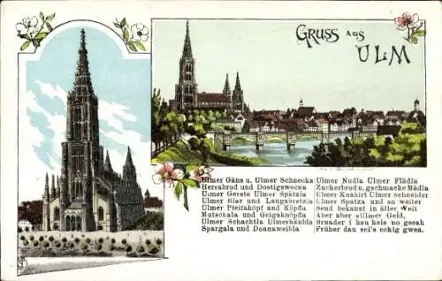 Litho Ulm an der Donau, Ulmer Münster, Stadtpanorama