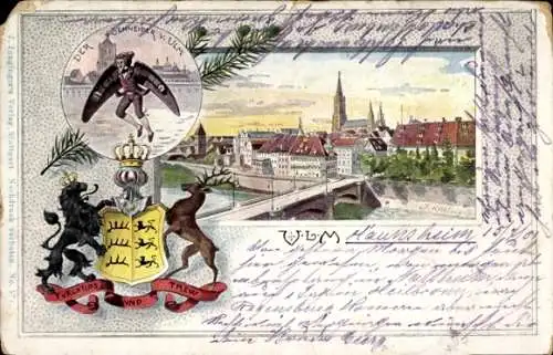 Ak Ulm an der Donau, Wappen, Der Schneider von Ulm, Brücke, Teilansicht