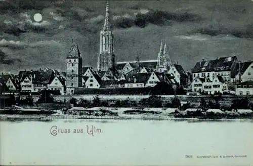 Mondschein Ak Ulm an der Donau, Teilansicht, Münster