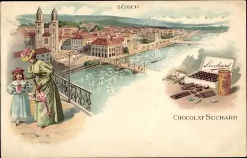 Litho Zürich Stadt Schweiz, Stadtbild, Chocolat Suchard