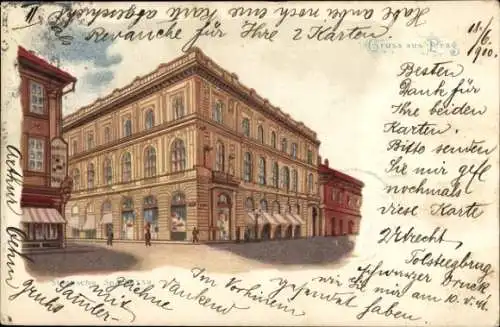 Litho Praha Prag Tschechien, Städtische Sparkasse, Straßenansicht