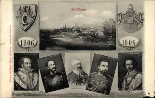 Ak München, historische Ansicht, 1806-1906, Wappen, König Ludwig II, Prinzregent Luitpold von Bayern