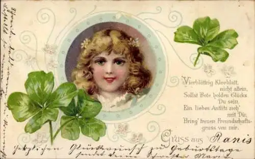 Litho Mädchen-Porträt, Glücksklee, Kitsch