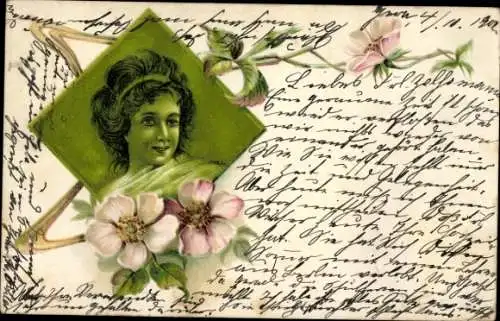 Künstler Litho Damenportrait, Blüten