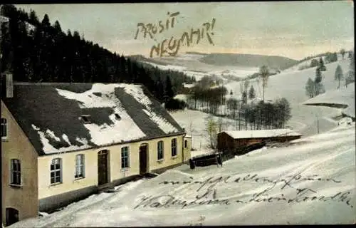 Ak Frohes Neujahr, Haus im Winter