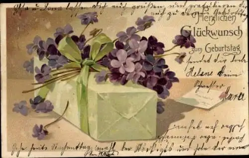 Litho Glückwunsch Geburtstag, Veilchen, Paket