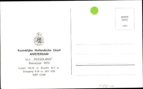 Ak Frachtschiff M.S. Flevoland, Königlich Holländischer Lloyd KHL