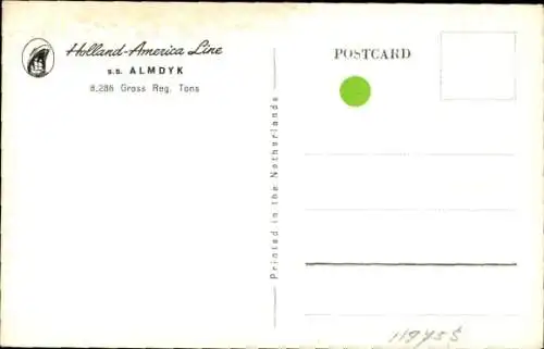 Ak Frachtschiff S.S. Almdyk, Holland-America Line HAL