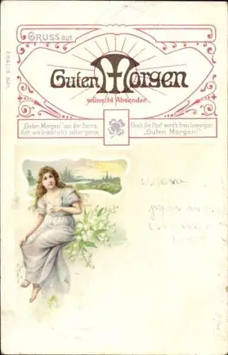 Litho Guten Morgen wünscht Absender, Gemaltes Porträt einer jungen Frau