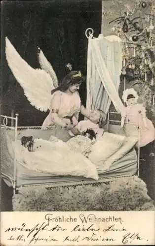 Ak Glückwunsch Weihnachten, Engel, Tannenbaum, Puppe