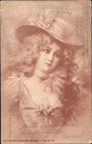 Litho Mädchen mit lockigen Haaren, Hut, Gemaltes Porträt