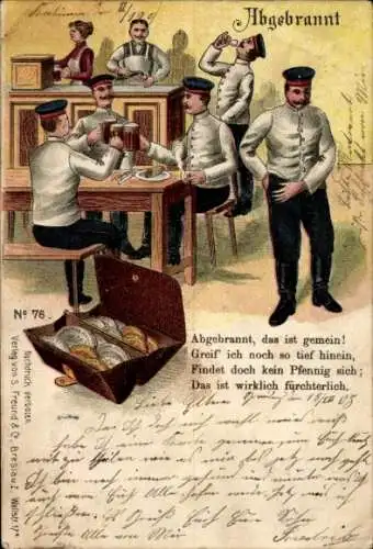 Litho Abgebrannt, deutsche Soldaten, Bierlokal