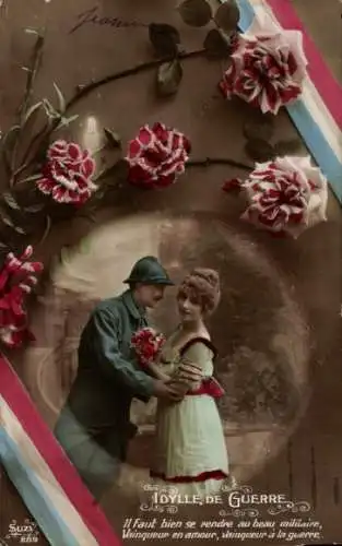 CPA Idylle, de Guerre, Il faut bien se rendre au beau militaire
