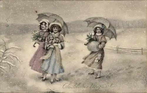 Künstler Ak Fröhliches Neujahr, Mädchen mit Schirmen im Schneefall, Hündchen