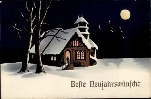 Ak Fröhliches Neujahr, verschneite Kirche im Mondlicht