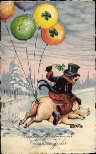 Ak Glückwunsch Neujahr, Schweinereiten, Klee