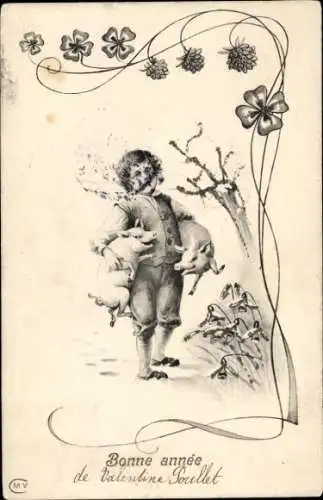 Ak Glückwunsch Neujahr, Junge, Schweine, Klee