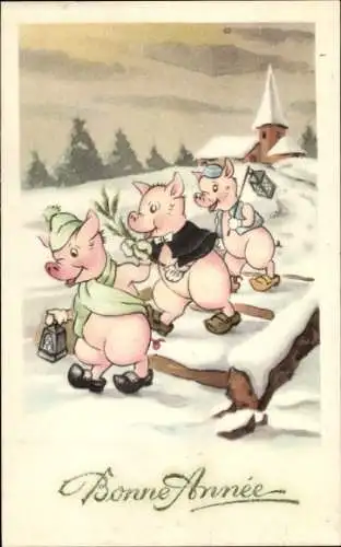 Ak Fröhliches Neujahr, drei vermenschlichte Schweine