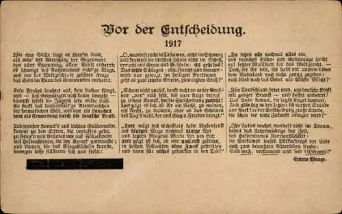 Ak Kaiserreich, Gedicht Vor der Entscheidung 1917