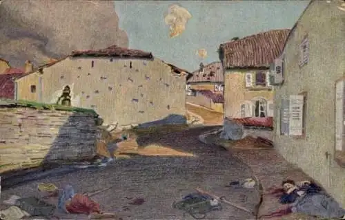 Künstler Ak Schlacht in Lothringen 1914, Straße in Biedersdorf am Tage nach der Schlacht