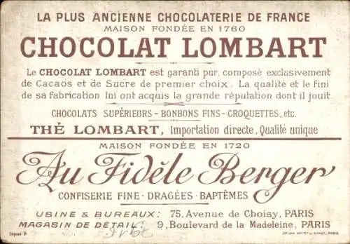 CPA Reklame, Ancienne Chocolaterie de France, Chocolat Lombart
