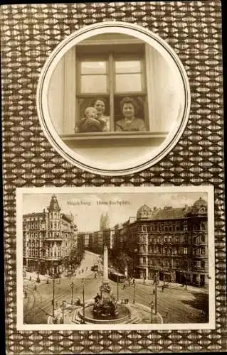 Ak Magdeburg an der Elbe,  Straßenbahn, Brunnen, Gebäude