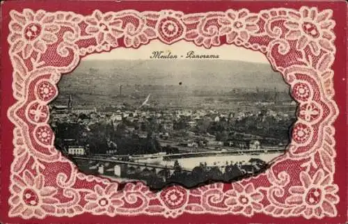 Ak Meulan en Yvelines,  Panoramablick, Ortsskizze, Fluss, bunte Blumenbordüre