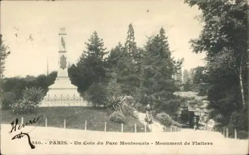 Ak Paris VI Luxembourg, Ein Teil des Parc Montsouris mit dem Monument für Flatters.