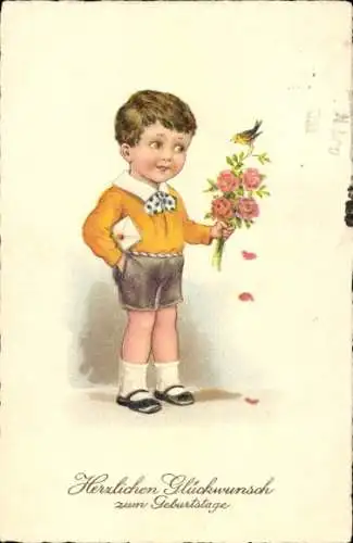 Ak Glückwunsch Geburtstag, Kind, Vogel, Blumen