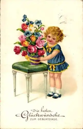 Ak Glückwunsch Geburtstag, Kind, Blumenstrauß, Hocker