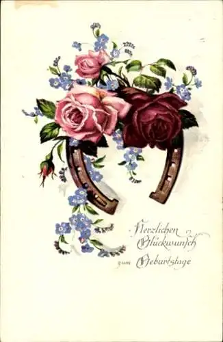 Ak Glückwunsch Geburtstag, Rosen, Hufeisen, Vergissmeinnicht
