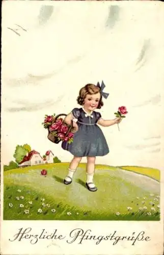 Ak Glückwunsch Pfingsten, Kind, Blumen, Rosen