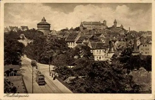 Ak Nürnberg in Mittelfranken, Hallertorpartie, Straßenbahn, Burg, Fachwerkhäuser