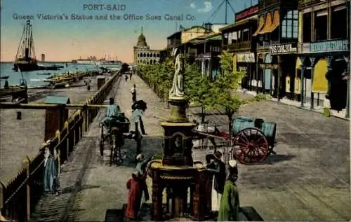 Ak Port Said Ägypten, Queen Victoria's Statue, Office Suez Canal Co., Thomas Cook, Eastern Telegraph