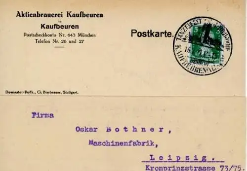 Ak Kaufbeuren an der Wertach in Schwaben, Aktienbrauerei, Korrespondenz