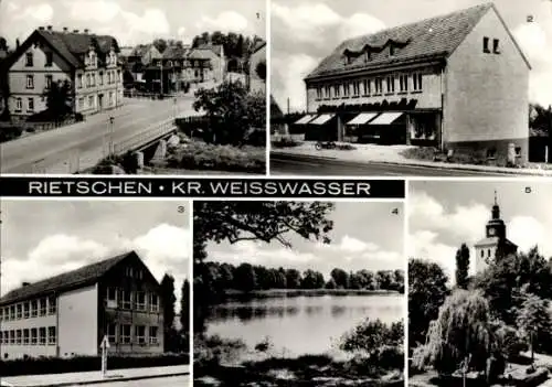 Ak Rietschen in der Oberlausitz, Polytechnische Oberschule Robert Koch, Teich, Kirchplatz