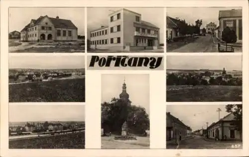 Ak Poříčany Poritschan Porschitzan Mittelböhmen, Teilansichten, Kirche, Panorama, Straßenpartie