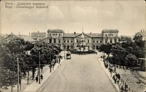 Ak Riga Lettland, Dünaburger Bahnhof, Straßenbahn