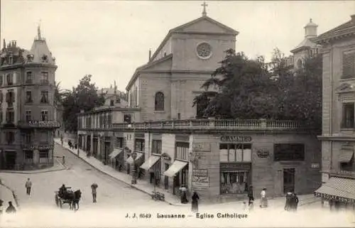 Ak Lausanne Kanton Waadt, Eglise Catholique, Geschäfte, Straßenszene, Pferdefuhrwerk