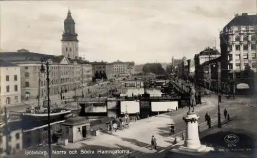 Ak Göteborg Schweden, Stadtansicht, Norra und Södra Hamngatorna, historische Gebäude, Schiffe,...